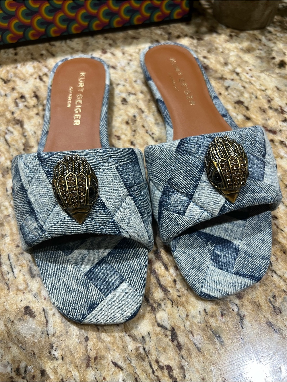 Kurt Geiger London Quilted Denim 
KENSINGTON FLAT SANDAL w/ Gold Emblem 39 - Picture 4 of 12